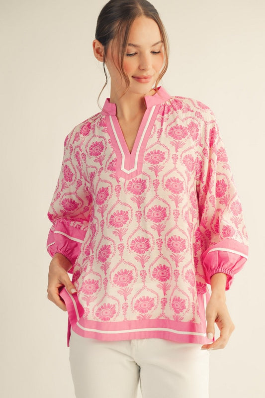 Plus Pink and White Contrast Detail Top