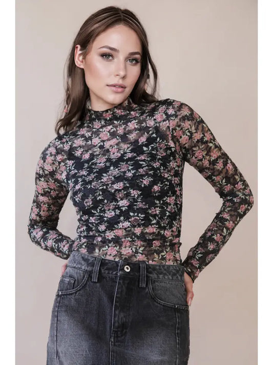 Black Floral Mesh Top