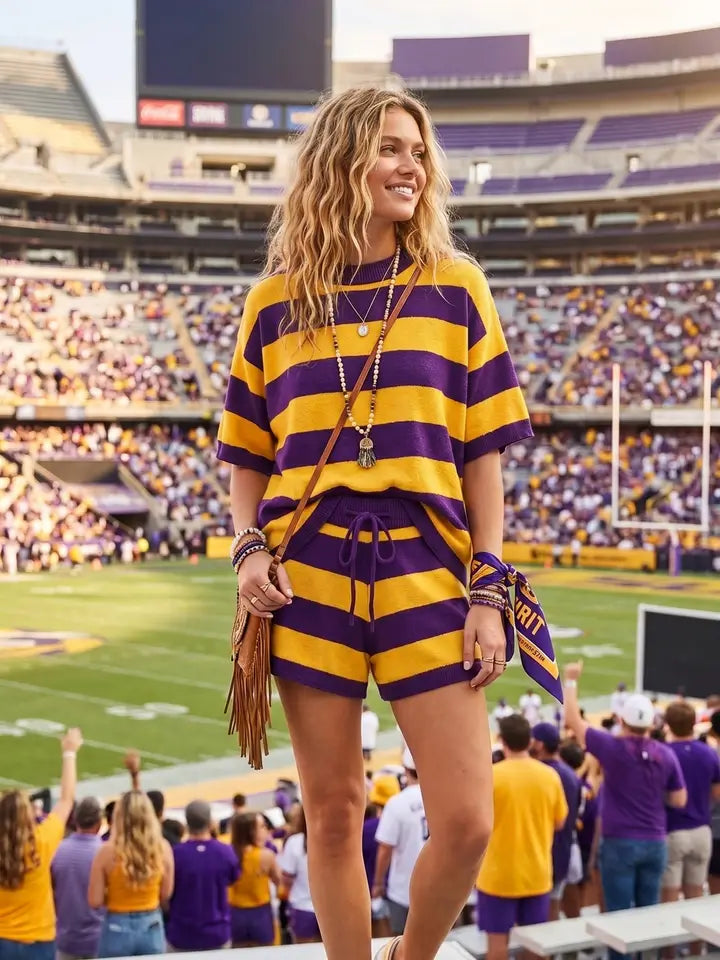 Purple & Yellow Striped Short Set