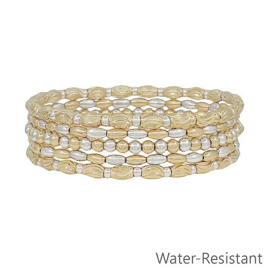 Gold and Silver Beaded and Textured Set of 5 Bracelets