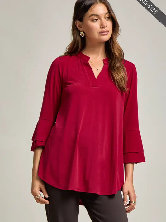 Plus Solid Jewel Red Ruffle Sleeve Top