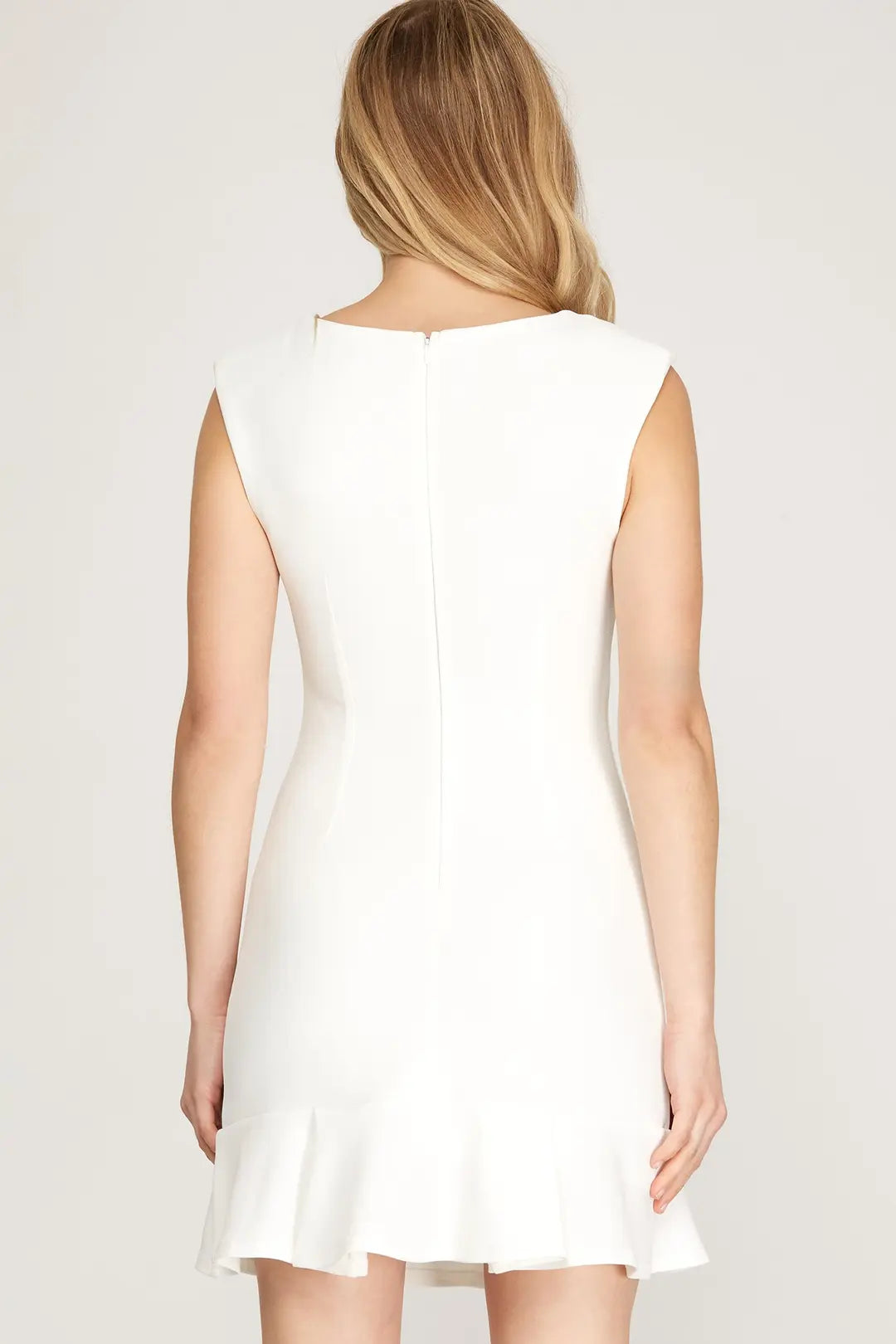 White Sleeveless Shoulder Padded Square Neck Dress