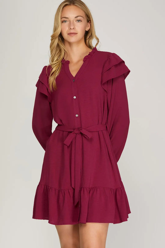 Berry Ruffle Long Sleeve Dress