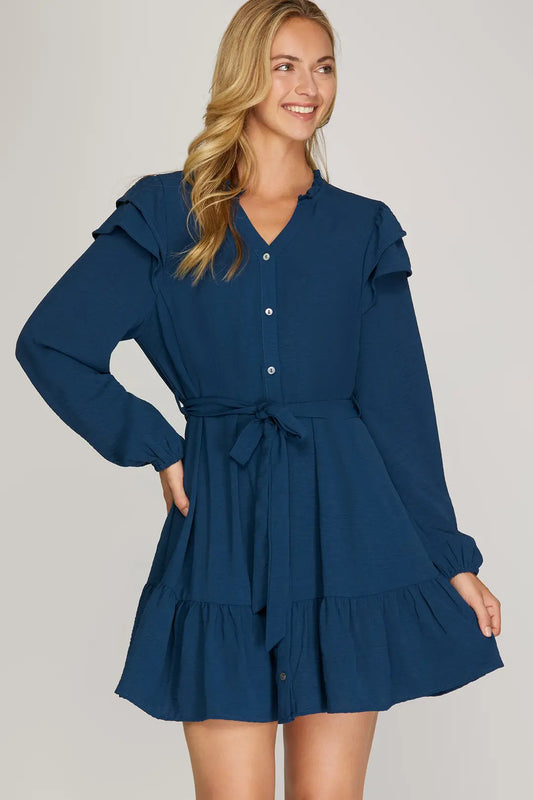 Teal Ruffle Long Sleeve Dress