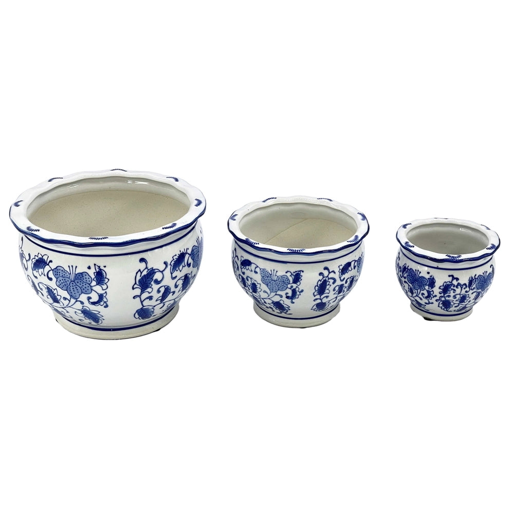 Blue & White Round Floral Ceramic Pots Ruffled Lip