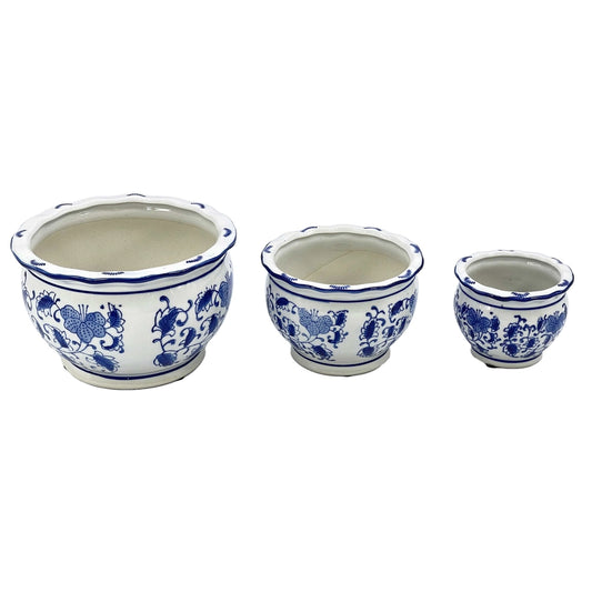 Blue & White Round Floral Ceramic Pots Ruffled Lip