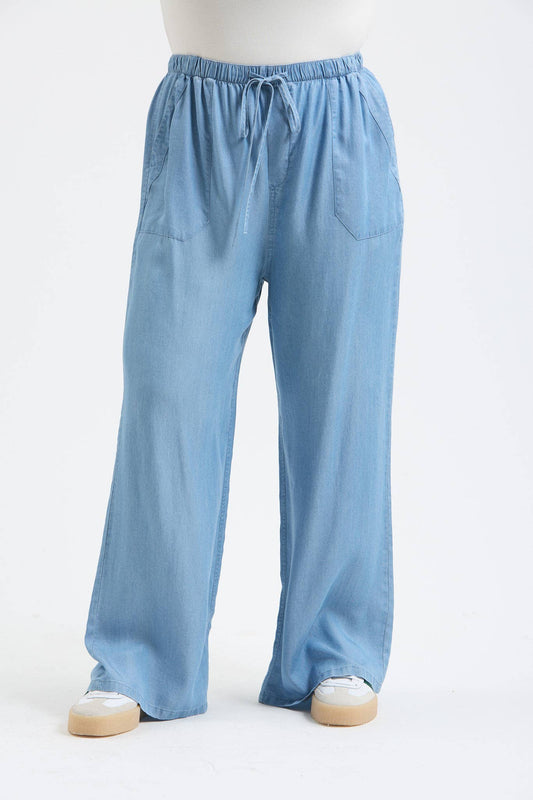 Plus High Waist Drawstring Blue Pants