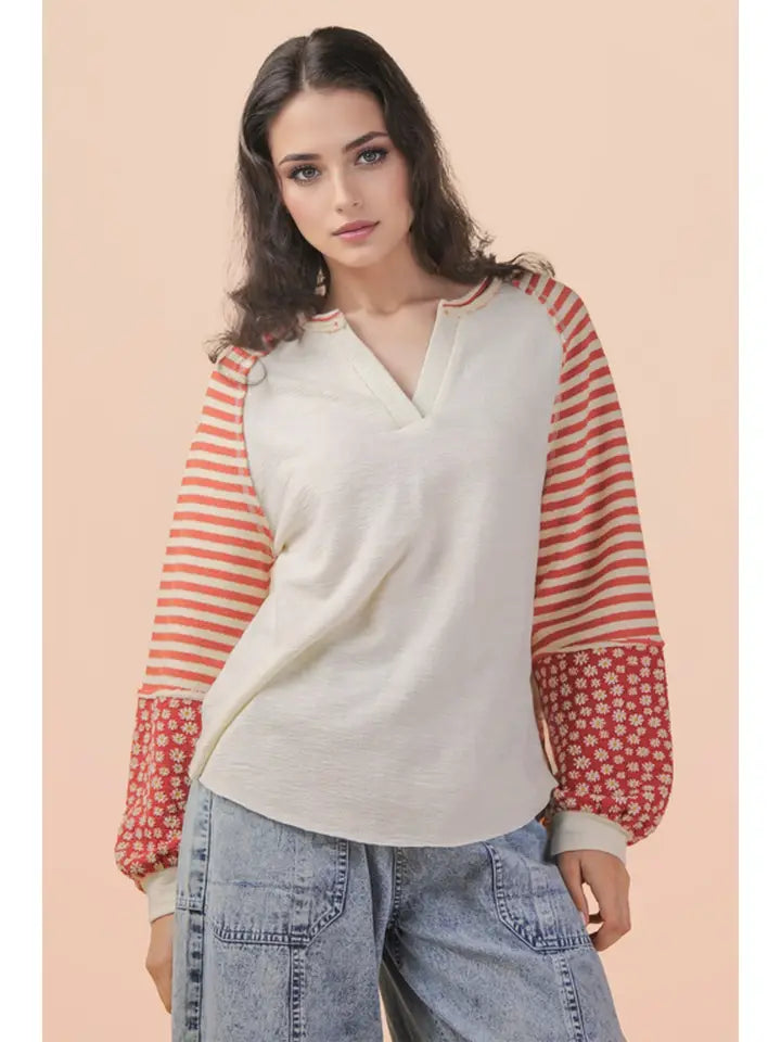 Cream Floral & Stripe Top