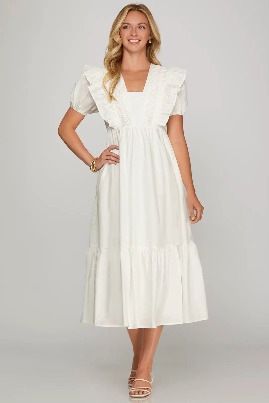 White Short Sleeve Pintuck Midi Dress