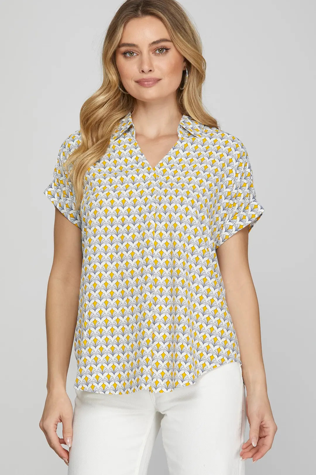 Yellow Collared Print Top