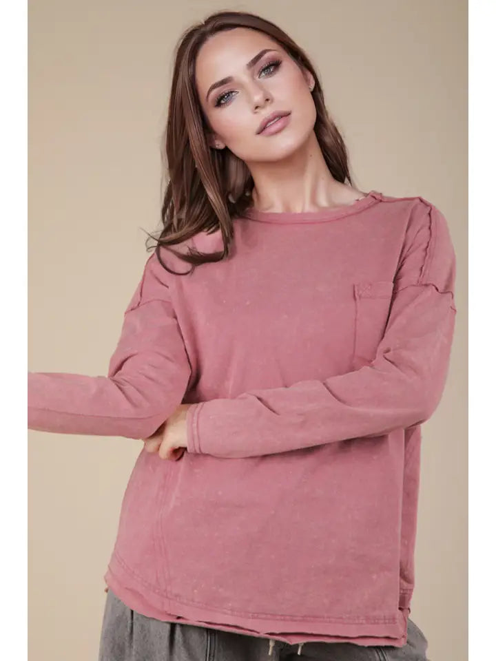 Mauve Acid Wash Long Sleeve Top