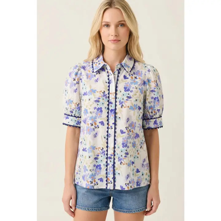 Blue Floral Printed Short Sleeve Shirt