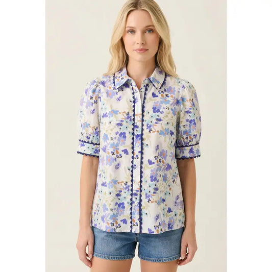Blue Floral Printed Short Sleeve Shirt