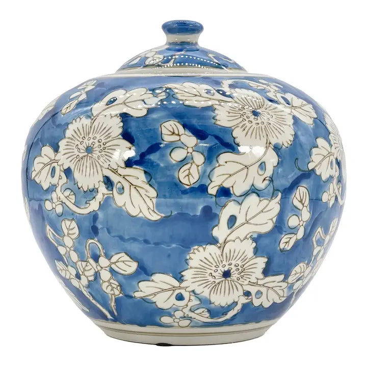 Blue 8" White Chinoiserie Ceramic Jar