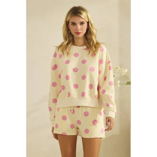 Pink Polka Dot Crew Neck Sweatshirt Set