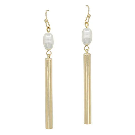 2" Fresh Water Pearl with Gold Bar Earrings