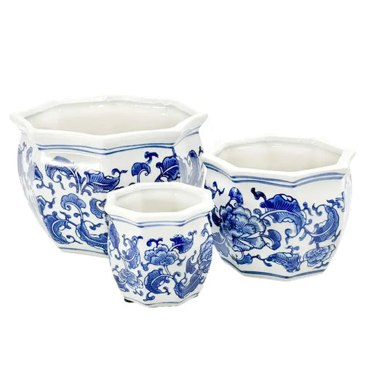 Blue & White Round Floral Ceramic Pots Fluted Lip