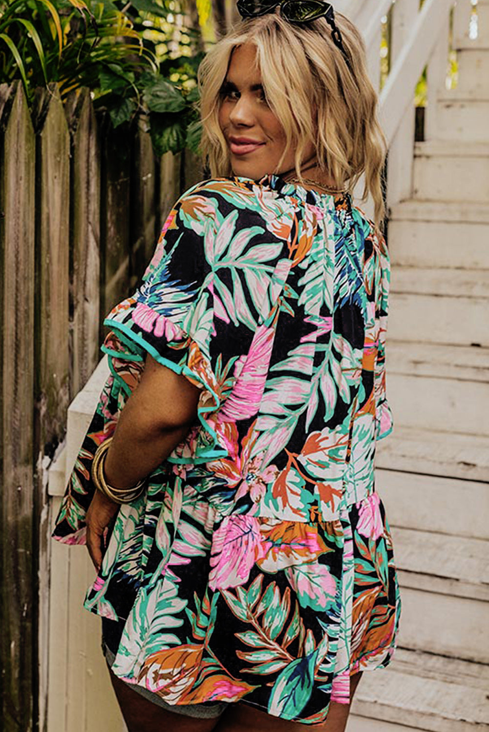 Plus Black Tropical Print Blouse