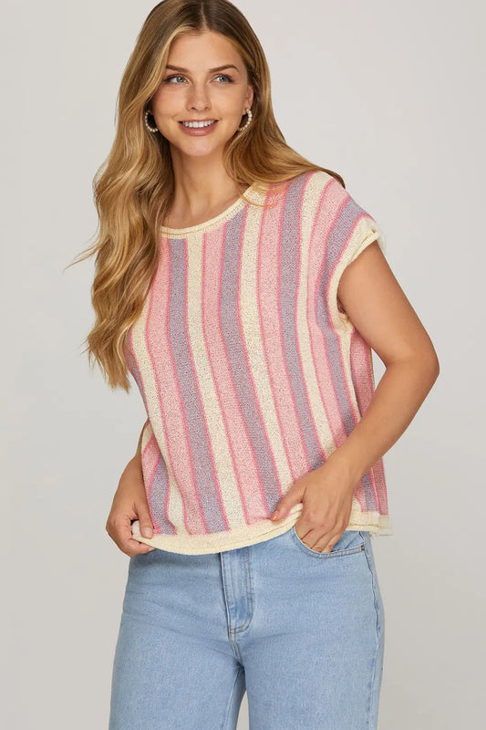 Purple and Pink Sleeveless Knit Sweater