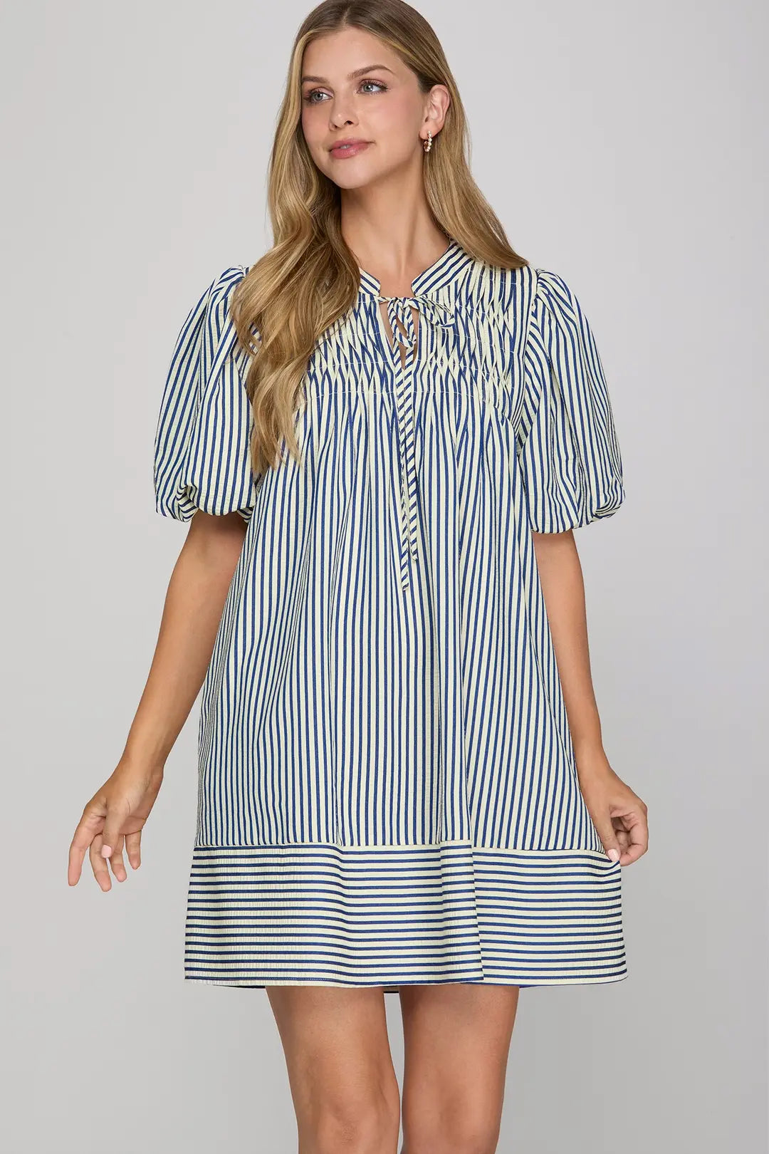 Navy Puff Sleeve Pintuck Striped Dress