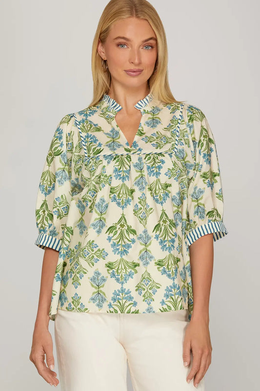 Blue Short Sleeve Printed Top