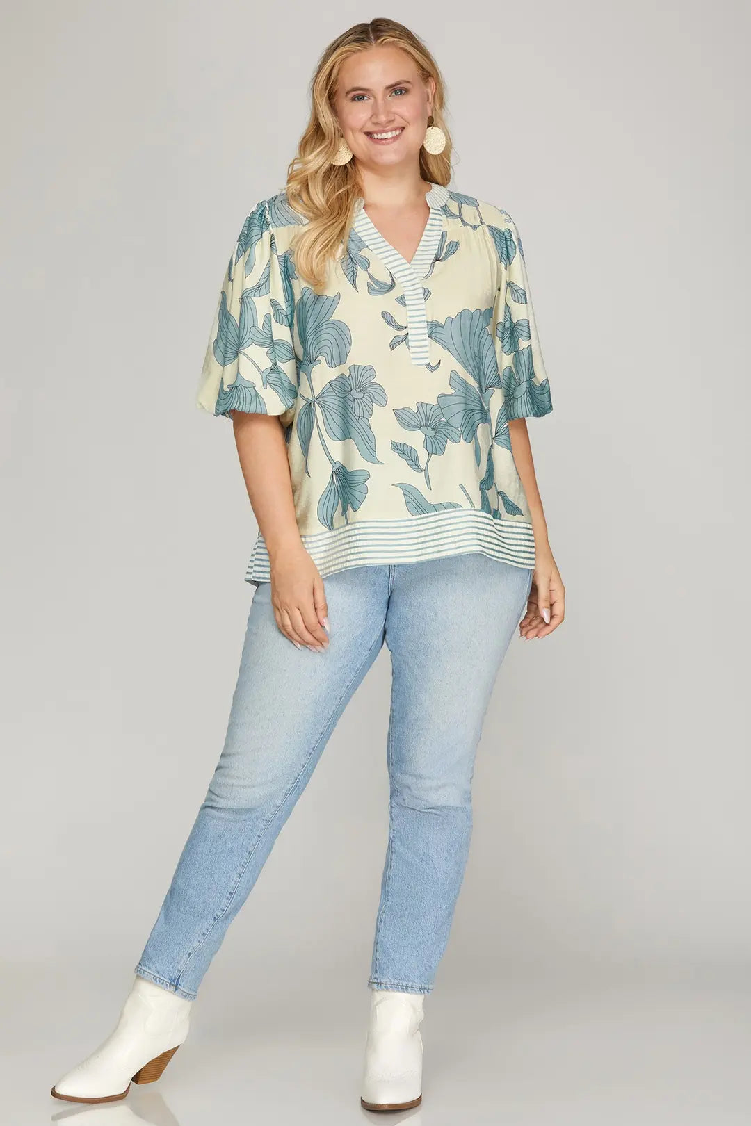Plus Light Blue Bubble Sleeve Top