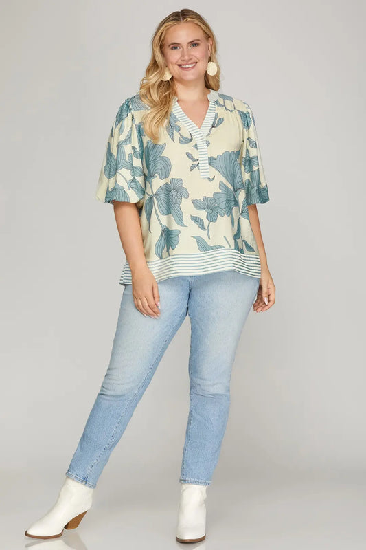 Plus Light Blue Bubble Sleeve Top