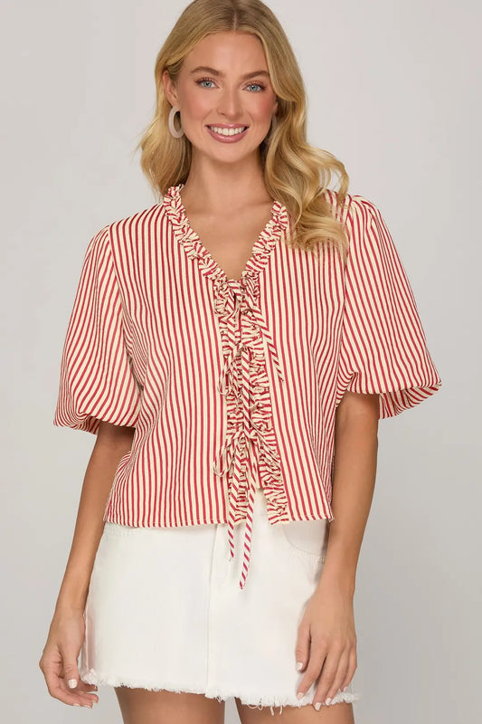 Red Puff Sleeve Stripe Top