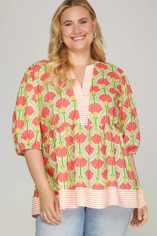 Plus Pink Woven Print Blouse