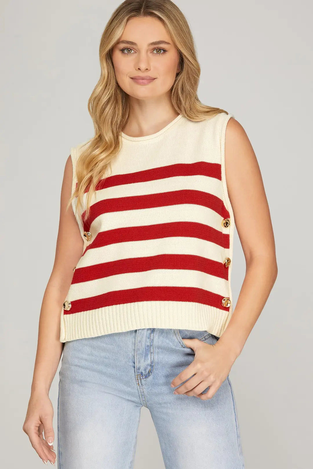 Red and White Gold Button Sweater