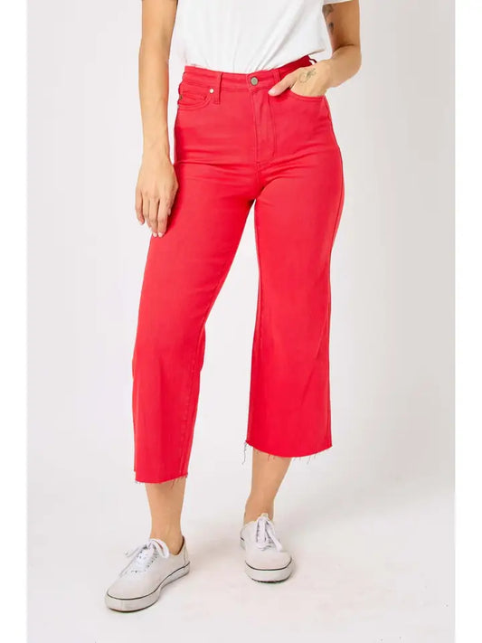 Judy Blue Red Garment Dyed Tummy Control Crop Wide Leg Jeans