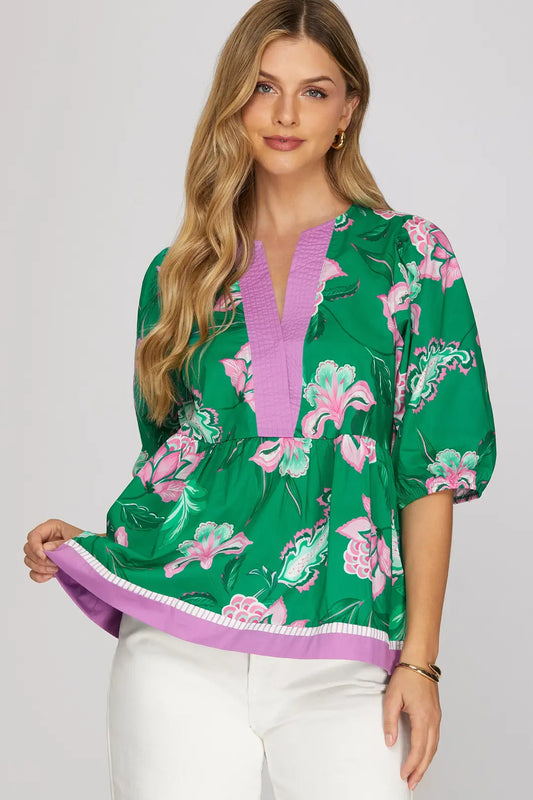 Green Half Sleeve Woven Blouse