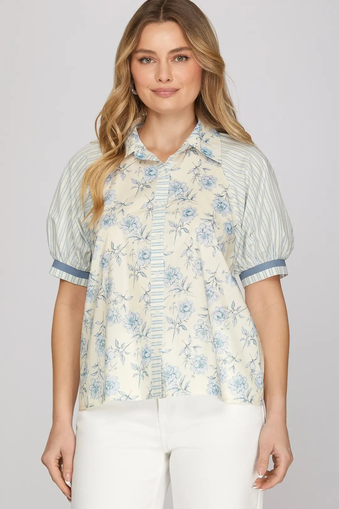 Light Blue Short Sleeve Printed Top