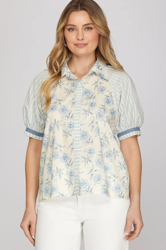 Light Blue Short Sleeve Printed Top