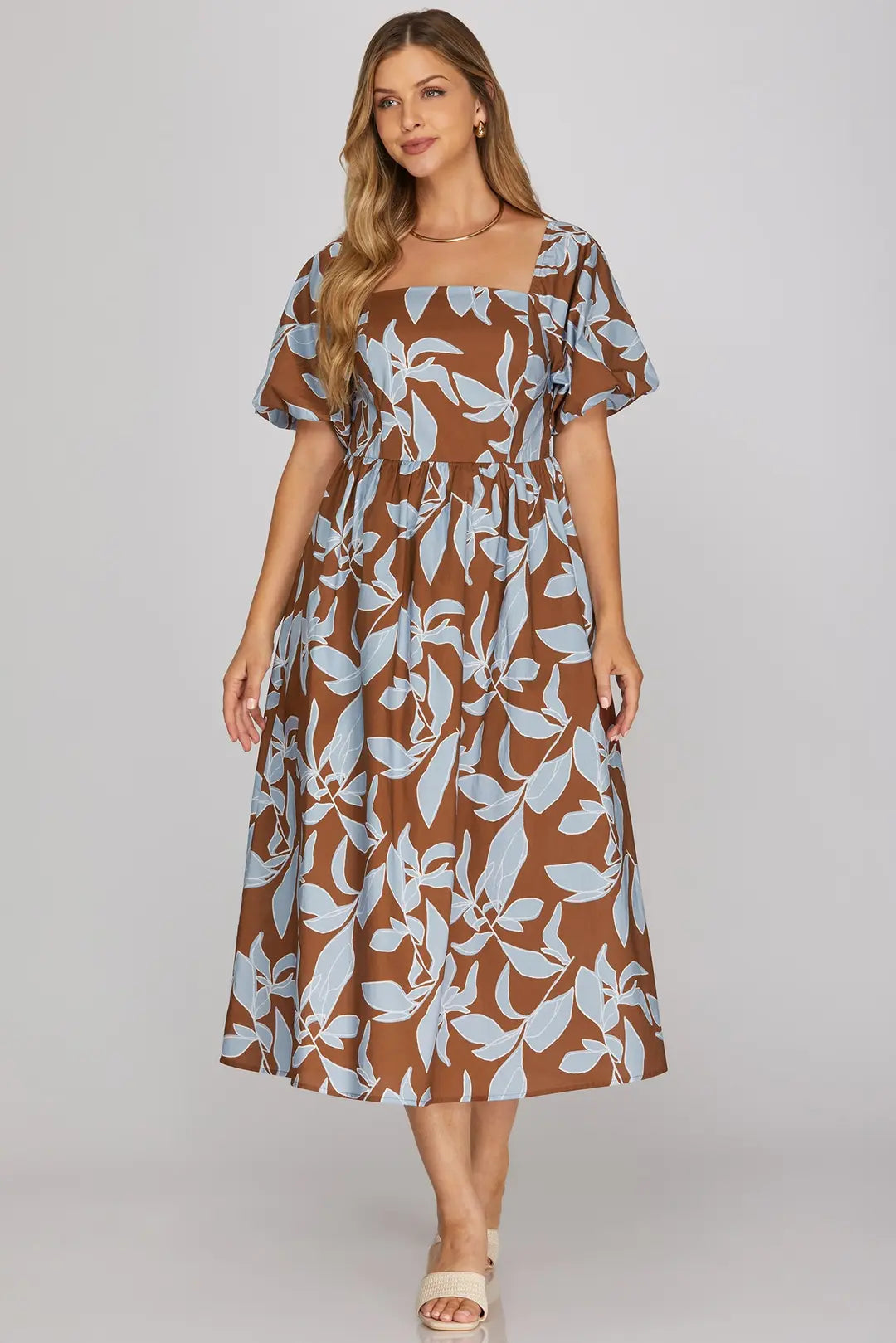 Blue & Brown Smocked Printed Midi Dress