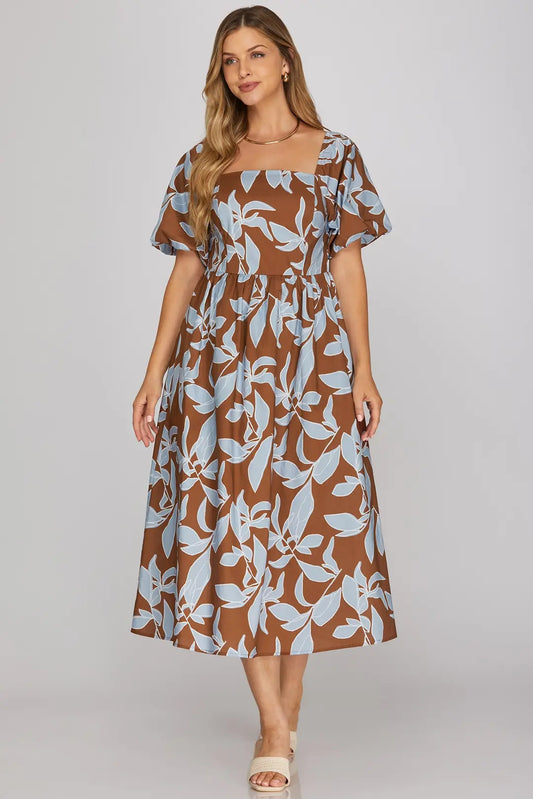 Blue & Brown Smocked Printed Midi Dress