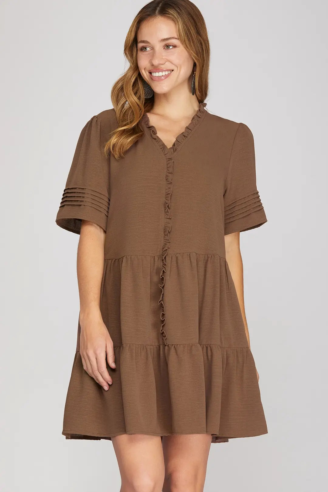 Mocha Brown Half Pleated Sleeve Dress