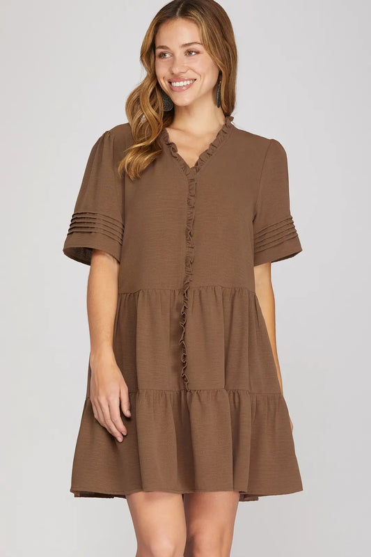 Mocha Brown Half Pleated Sleeve Dress