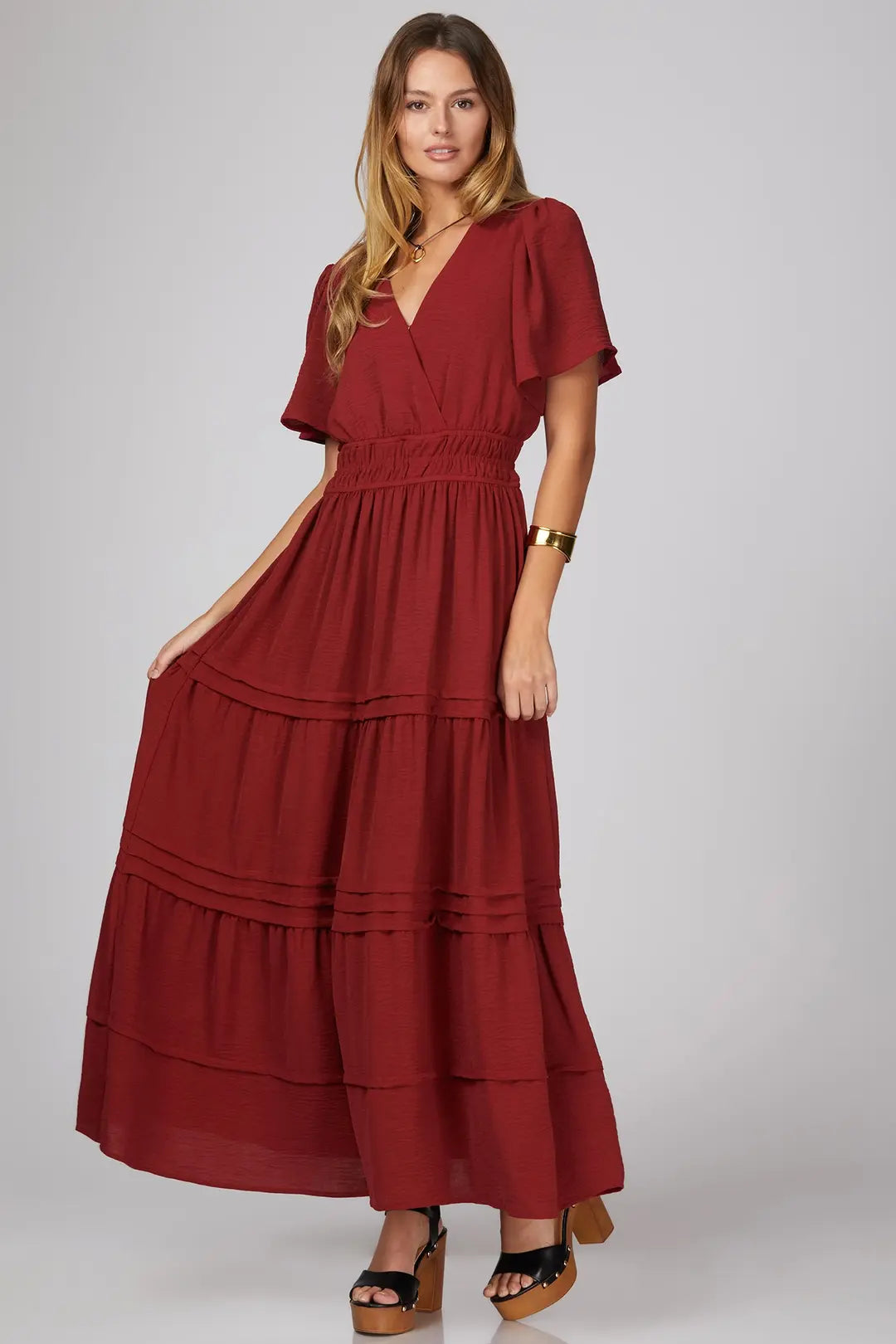 Wine Half Sleeve Tiered Dress
