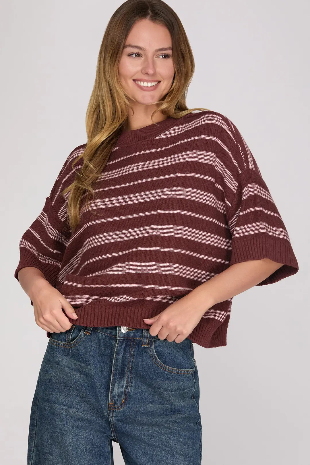 Wine Striped Drop Sleeve Top