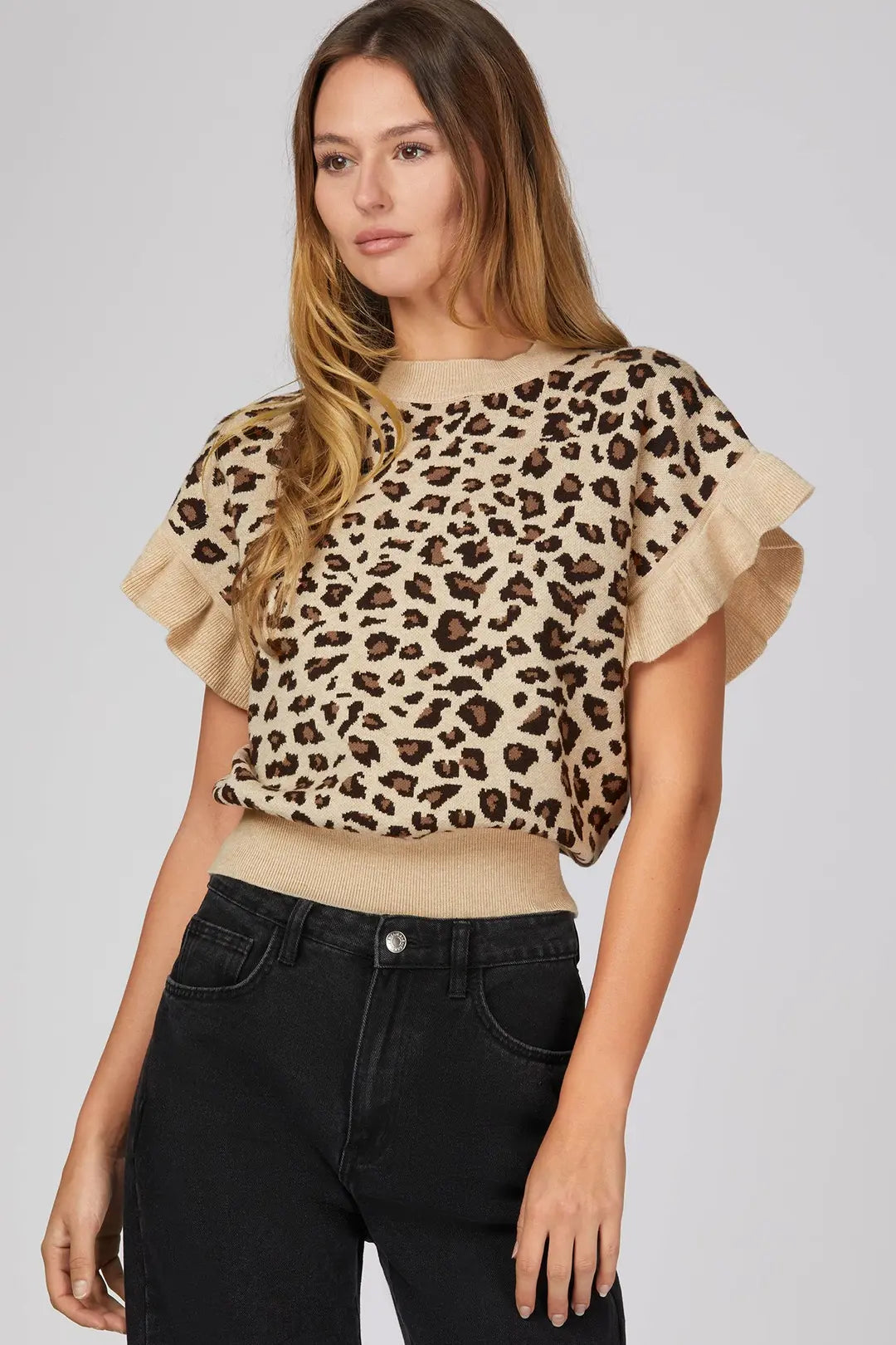 Taupe Leopard Ruffle Sleeve Top
