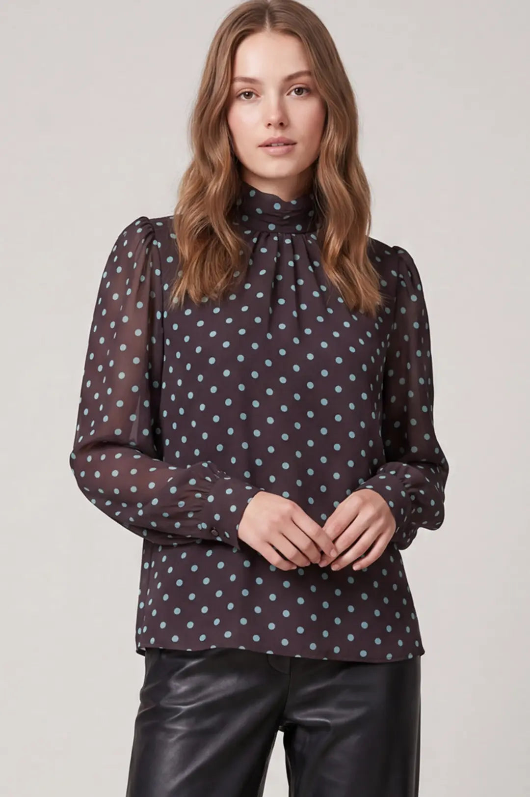 Brown Long Sleeve Polka Dot Top