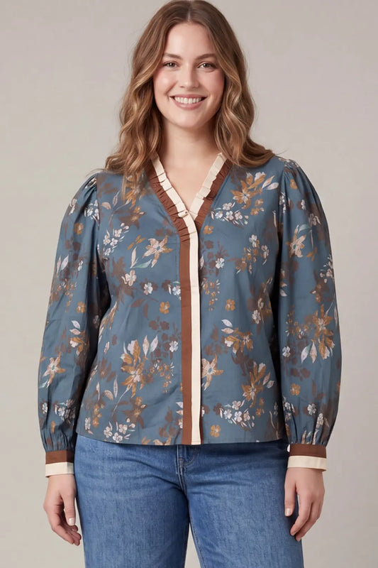 Plus Dusty Blue Long Sleeve Printed Top