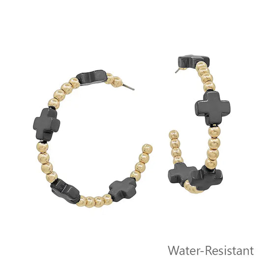 Water Resistant Gold Beaded Earrings with Black Cross Accents