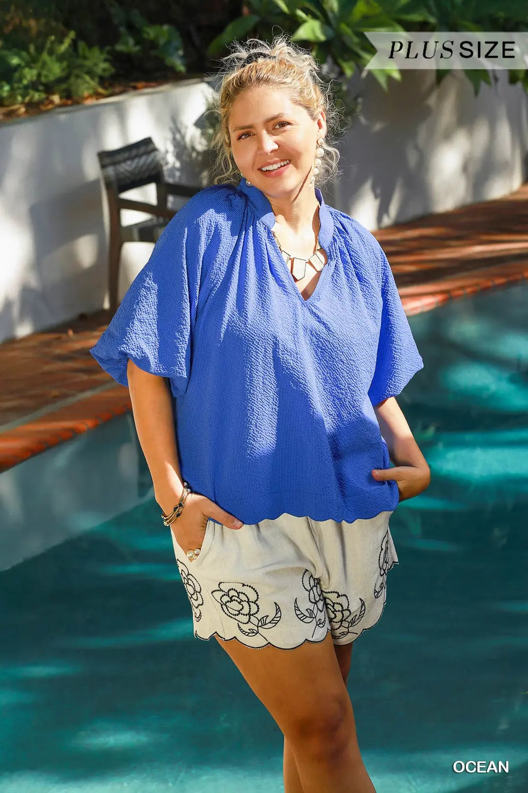 Plus Ocean Scallop Hem Blouse