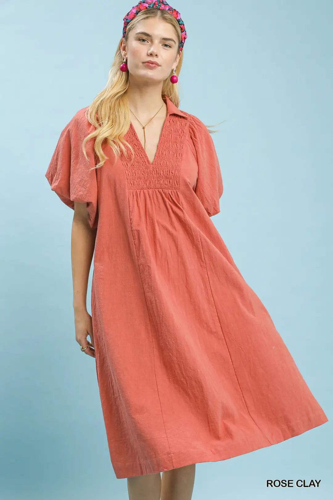 Plus Rose Clay Smocked Front Yoke Midi Dress
