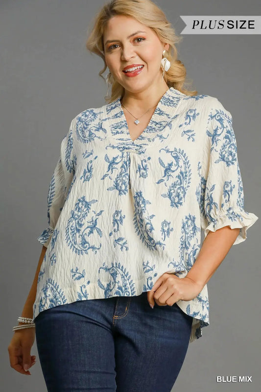 Plus Blue Mix Paisley Printed Top