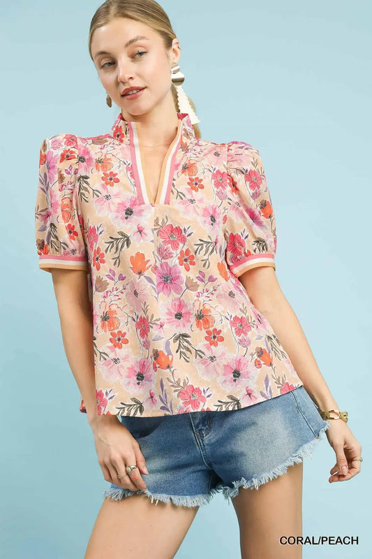 Coral/Peach Split Neck Blouse