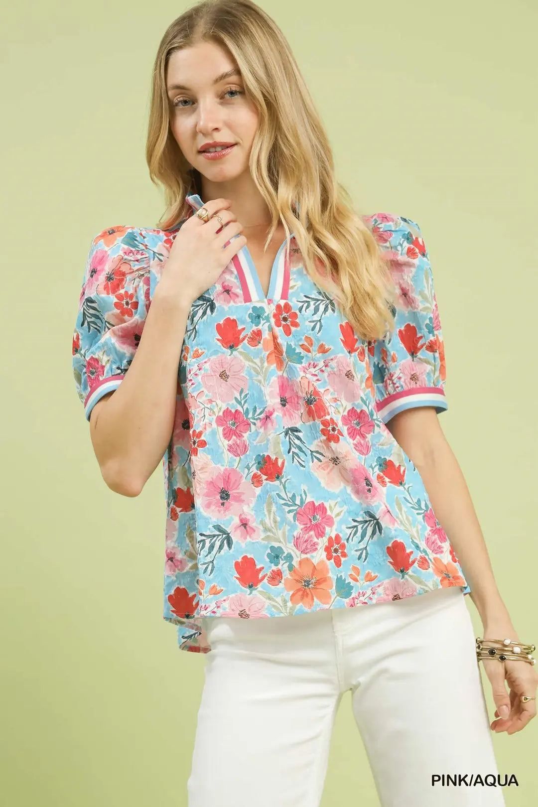Pink/Aqua Split Neck Blouse