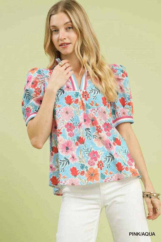 Pink/Aqua Split Neck Blouse